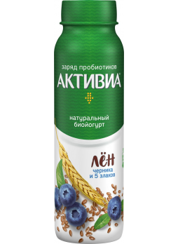 Йогурт питьевой АКТИВИА Черника 5 злаков и льняные семена 2,4% БЗМЖ, 260 г
