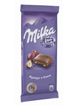 Шоколад Milka молочный с фундуком и изюмом, 85г