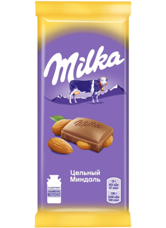 Шоколад Milka, молочный, с цельным миндалем, 90г оптом
