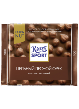 Шоколад RITTER SPORT молочный Цельный лесной орех, 100г